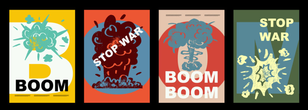 Anti-nuclear war propaganda poster. No to War, Stop War. Set of vector illustrations. Engraving, ink style. Poster, cover, t-shirt print. Military atomic, cloud, explosive, detonation