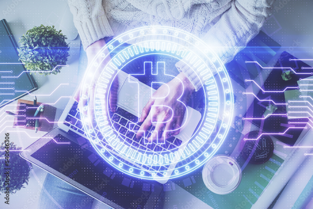 Poster double exposure of woman hands working on computer and blockchain theme hologram drawing. top view. 