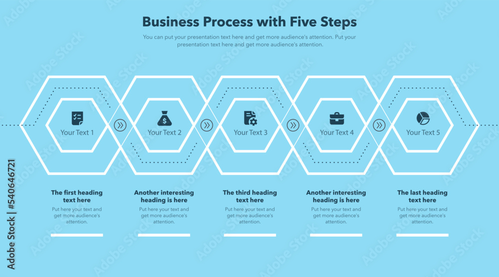 Poster modern business process template with five steps - blue version. easy to use for your website or pre