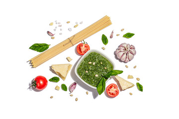 Traditional ingredients for the preparation of classic Italian pasta isolated on white background