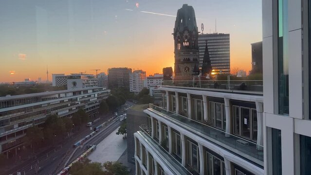 Berlin Gedaechtniskirche memorial church on Kurfuerstendamm in morning light