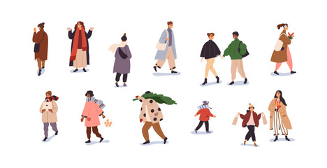 People going outdoors on winter holiday. Characters walking with shopping bags, Xmas fir tree, gifts on street at Christmas and New Year eve. Flat vector illustration isolated on white background