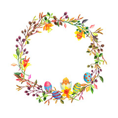 Watercolor wreath with  Easter elements. Transparent layer.