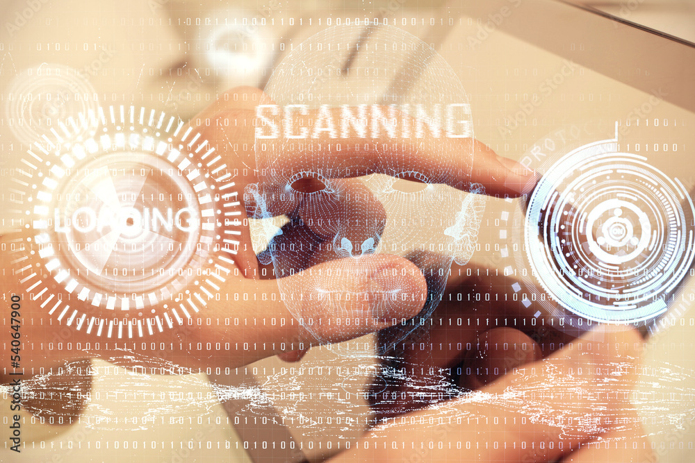 Poster Multi exposure of man's hand holding and using a digital device and data theme drawing. Innovation concept.