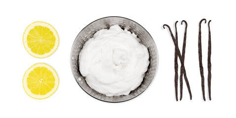 Vanilla, lemon and whipped egg white. Cake ingredients recipe. Isolated. Transparent background.
