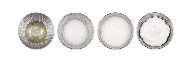 Whipped egg white. Step by step. Isolated. Top view. Transparent background. Precision cut and impeccable finish that allows the addition of different and colored backgrounds.