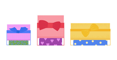 Illustration, a set of colored boxes with gifts.