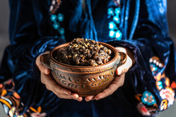 Female hands holding bowl with traditional kutia, Christmas sweet dishes in Ukraine, Belarus and Poland. Christmas dinner kutia - obrazy, fototapety, plakaty