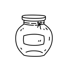 Cute glass jar for jam isolated on white background. Vector hand-drawn illustration in doodle style. Perfect for decorations, logo, various designs.