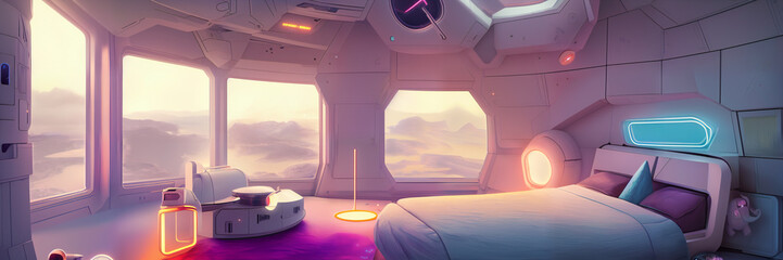 futuristic bedroom on planet Mars, cozy room with round windows looking out to the martian landscape, background banner