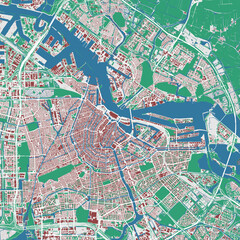 Amsterdam map. Detailed map of Amsterdam city administrative area. Cityscape urban panorama. Outline map with buildings, water, forest.
