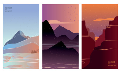 Sunset in mountains silhouettes scenes. Set of blue, coral, orange and violet vertical backgrounds of desert with sand, deep mountains with mist and canyon view with sun. Vector flat illustration.