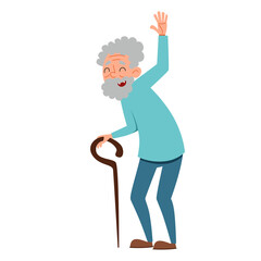 An elderly man with a cane rejoices and greets everyone. Flat vector illustration in cartoon style.