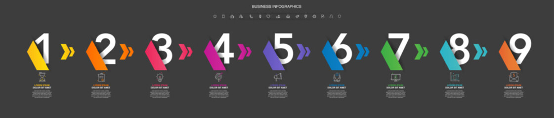 Modern vector flat illustration. Infographic numbers template with nine arrows, icons. Timeline designed for business, presentations, web design, interface, diagrams with 9 steps on black background