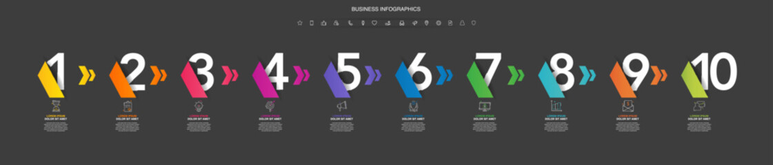 Modern vector flat illustration. Infographic numbers template with 10 arrows, icons. Timeline designed for business, presentations, web design, interface, diagrams with ten steps on black background