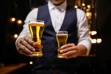 Bartender Serve beer, on wood bar, 