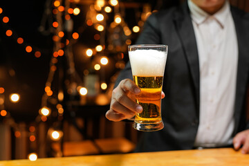 Bartender Serve beer, on wood bar, 