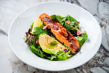 Oven cooked salmon steak, fillet with avocado salsa and green on plate healthy food