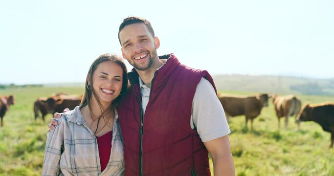 Portrait, love and happy couple on a cattle farm hugging, bonding and enjoy quality time outdoors in nature. Smile, relax and woman farming cows and harvesting animal livestock with a farmer on field