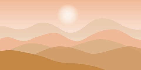 View of the mountains with sunlight on pastel pink background. Natural and landscape concept. copy space for the text. Design style.