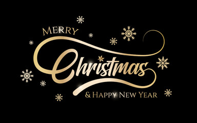  Merry Christmas and Happy New Year for invitation and greeting card. Golden text on black background