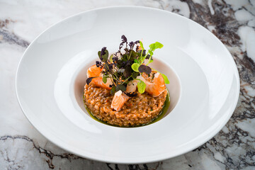 Shrimp Risotto with Shrimp Decoration on Plate