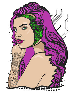 Cyberpunk girl. Robot woman portrait. Old school tattoo vector art. Hand drawn graphic. Isolated on white. Traditional flash tattooing