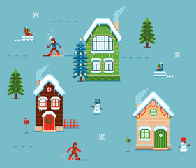 Christmas New Year embroidery pixelart, seamless pattern. Colorful houses, snowman, winter fun, X-mass tree and pines