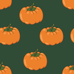 Seamless pattern of glowing halloween pumpkins on color background. Scary and funny faces. Cute Pumpkin or ghost. Vector autumn holidays illustration