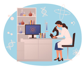 Woman scientist is looking in the microscope in the laboratory. Genomic, genetic test. DNA analysis, inherited diseases. Scientific discoveries. Flat vector illustration. 