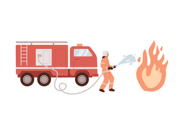 Firefighters putting out fire with water from hose. Saving lives.  Firemen wearing uniform extinguishing the fire flame. Fire engine car. Isolated. Flat vector illustration.