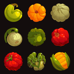 Set of nine icons with vegetables. Hand drawn nature stickers. Bright cartoon elements for game design, gambling with zucchini, pumpkin, garlic, onion, broccoli, pepper, tomato, corn, greens.