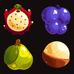 Set of four icons with fruits. Hand drawn nature stickers. Bright cartoon elements for game design, gambling with dragon fruit, grapes, lychee, pear.