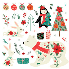 set of isolated cute winter animals and Christmas elements