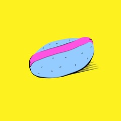 Purple hot dog with pink sausage on the yellow background. Minimalism.