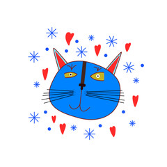 Fototapeta premium Cute blue cat face with red ears against the background of red hearts, blue dots and snowflakes. Freehand drawing. Vector illustration in flat cartoon style.
