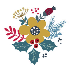 New Years festive bouquet of winter flowers and berries. Vector graphics on white background, for the design of postcards, posters, congratulations, for prints on t-shirts, mugs, pillows.