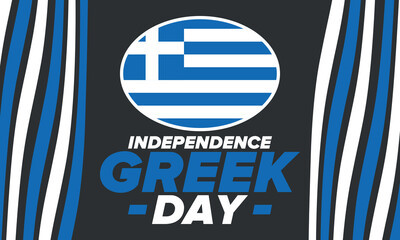 Obraz premium Greek Independence Day. National happy holiday, celebrated annual in March 25. Greece flag. Greek blue color. Patriotic elements. Poster, card, banner and background. Vector illustration