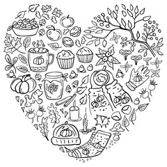 Autumn doodle card - pumpkin, leaves, nuts, spices, cake, hot drink, jam, mushrooms, apples, pear, berries. Vector illustration. Perfect for autumn menu, coloring book, greeting card, print.