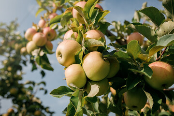 Many colorful ripe juicy apples on a branch in the garden ready for harvest in autumn. Apple orchard