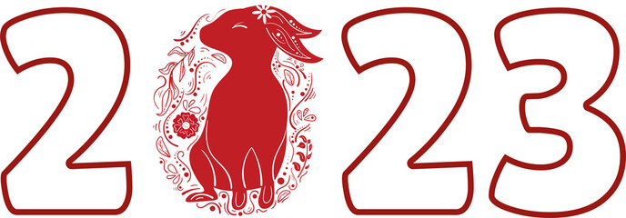 Chinese 2023 Contour New Year Numeric. Zodiac Red Rabbit with Floral Ornament