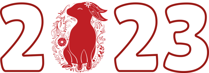 Chinese 2023 Contour New Year Numeric. Zodiac Red Rabbit with Floral Ornament