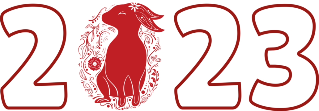 Chinese 2023 Contour New Year Numeric. Zodiac Red Rabbit with Floral Ornament
