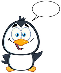 Cute Penguin Cartoon Character Waving With Speech Bubble. Hand Drawn Illustration Isolated On Transparent Background
