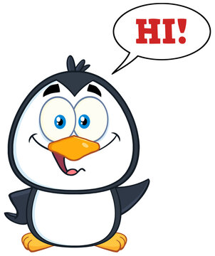 Smiling Cute Penguin Cartoon Character Waving With Speech Bubble And Text. Hand Drawn Illustration Isolated On Transparent Background