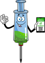 Medical Syringe Vaccine Cartoon Character.  Hand Drawn Illustration Isolated On Transparent Background