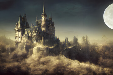 Fototapeta premium Fantasy castle on a full moon night. 