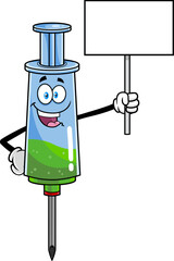 Happy Medical Syringe Vaccine Cartoon Character Holding A Blank Sign. Hand Drawn Illustration Isolated On Transparent Background