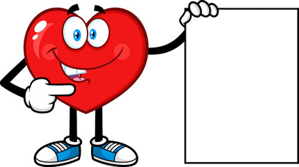 Red Heart Cartoon Character Pointing To A Blank Sign. Hand Drawn Illustration Isolated On Transparent Background