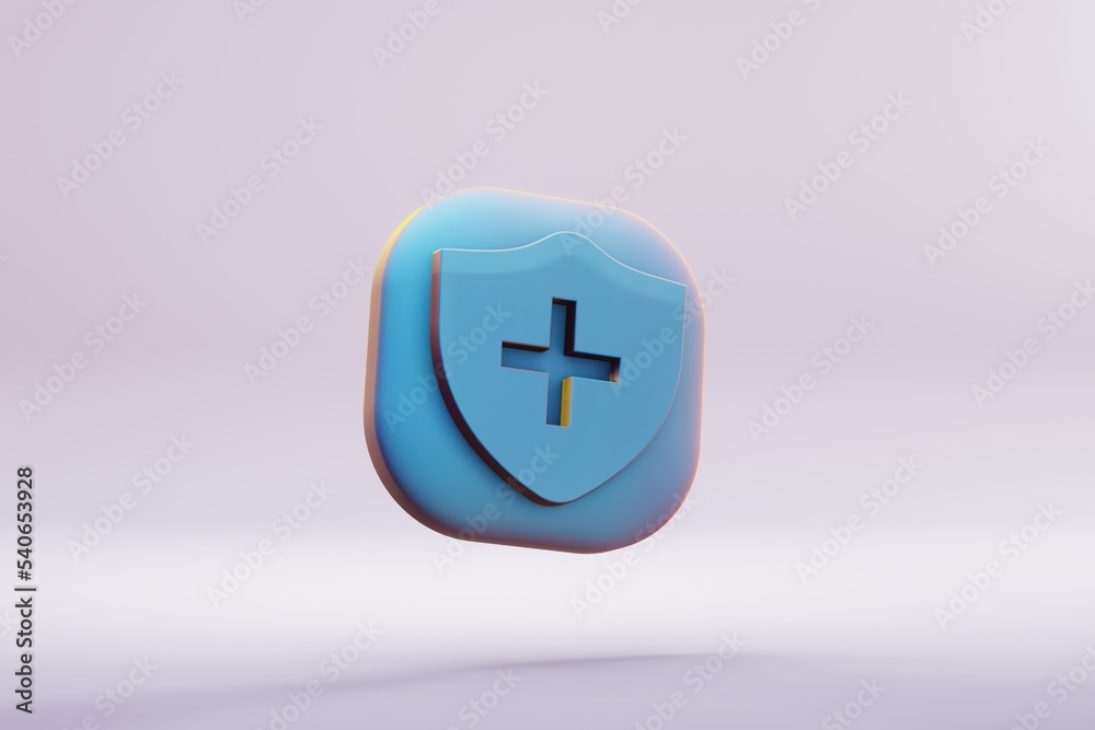 Poster beautiful illustration healthy blue health shield symbol icons on a bright pink background. 3d rende